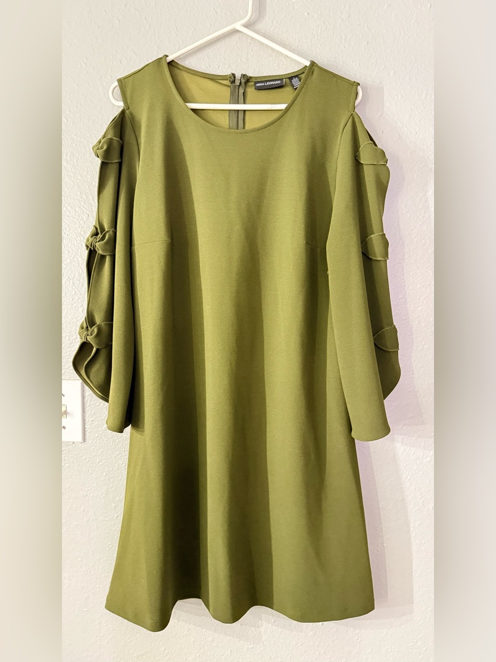 Nina Leonard Olive Green Cold-Shoulder A-Line Dress